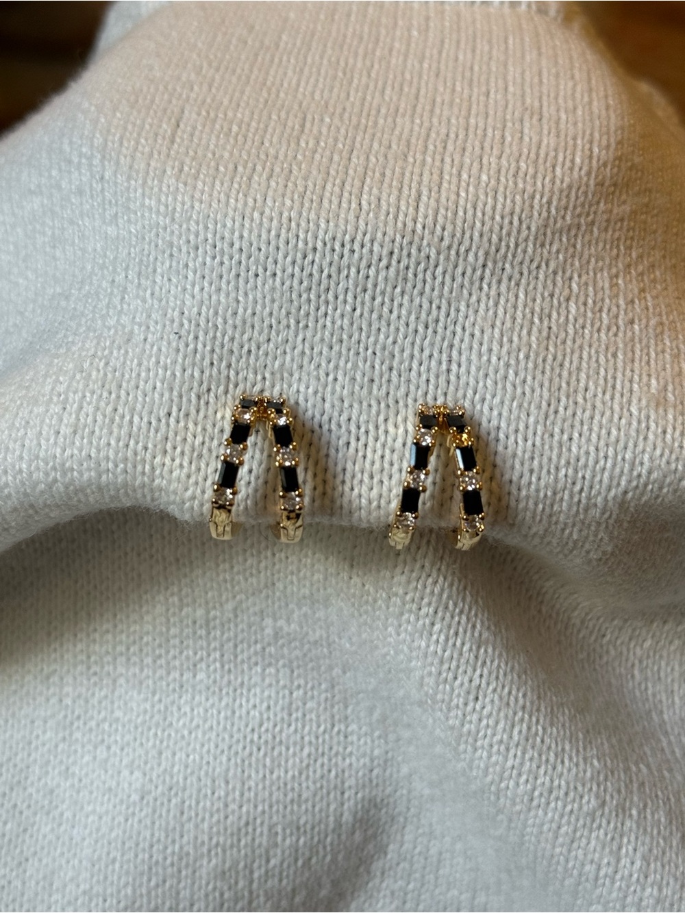 Gold Mini Hoop Earrings with Black Stones - Women Jewelry